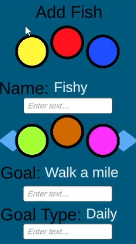 The Add Fish screen with color swatches and fields for fish name, goal, and goal type.