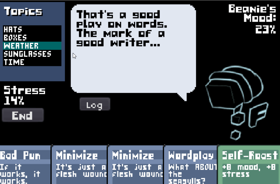 Pixel-art dialogue screen: a beanie character speaks while the player picks joke topic cards.