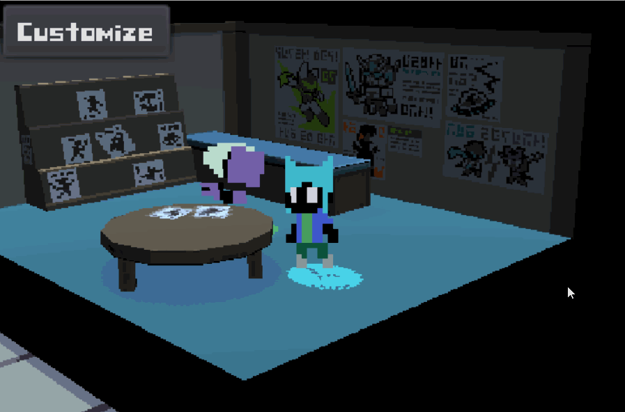 Pixel 3D shop scene labeled Customize, with two characters and posters on the wall.
