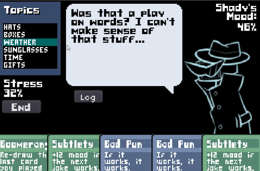 Pixel-art dialogue screen with a trench-coated character and joke cards like Bad Pun and Subtlety.