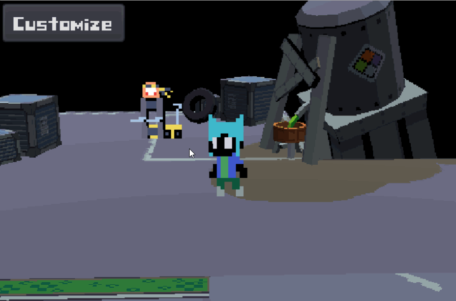Pixel 3D night scene labeled Customize, a character standing among crates and a large statue.