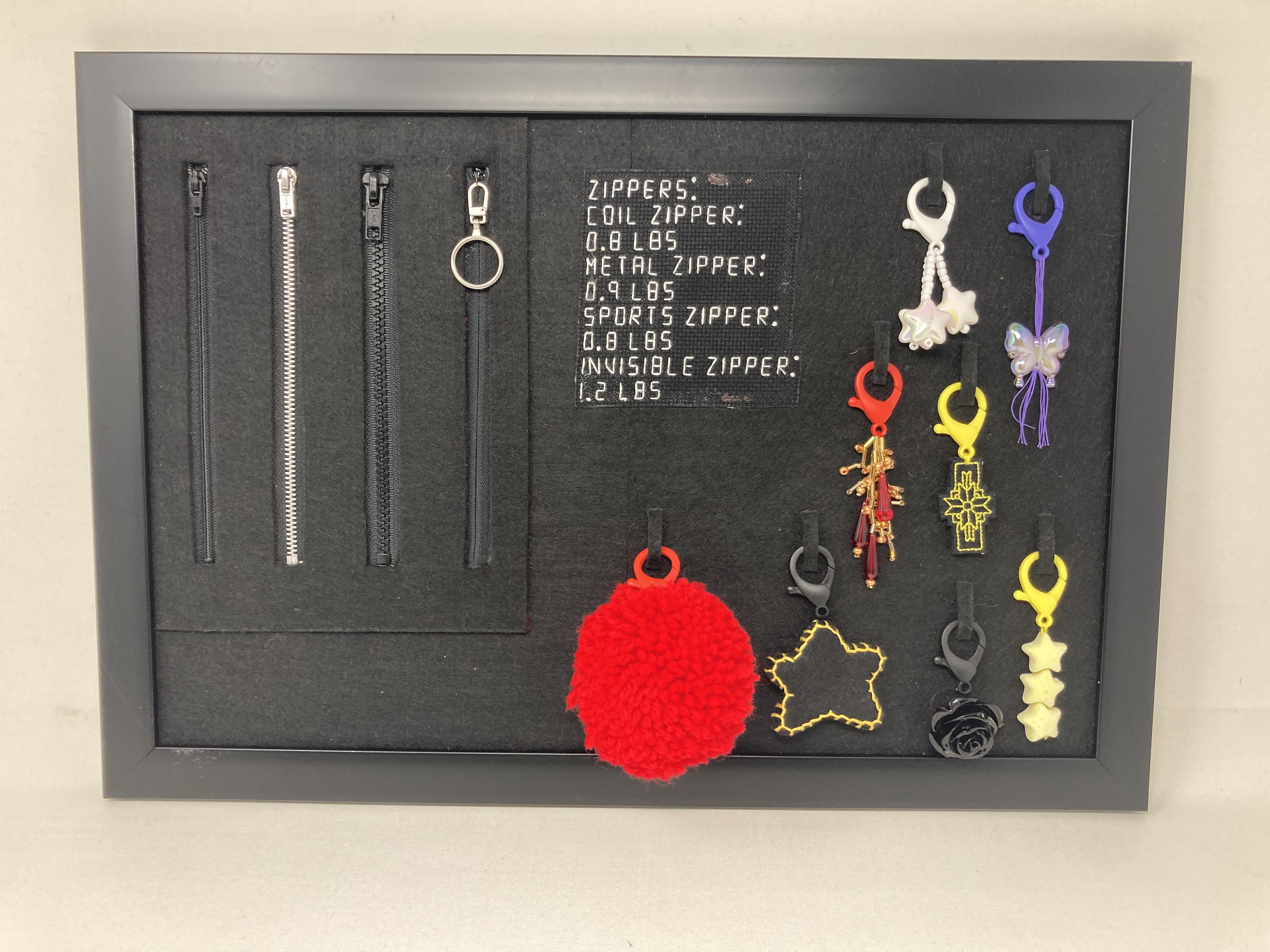 Framed board of zippers and decorative zipper pulls with handwritten strength-test stats.