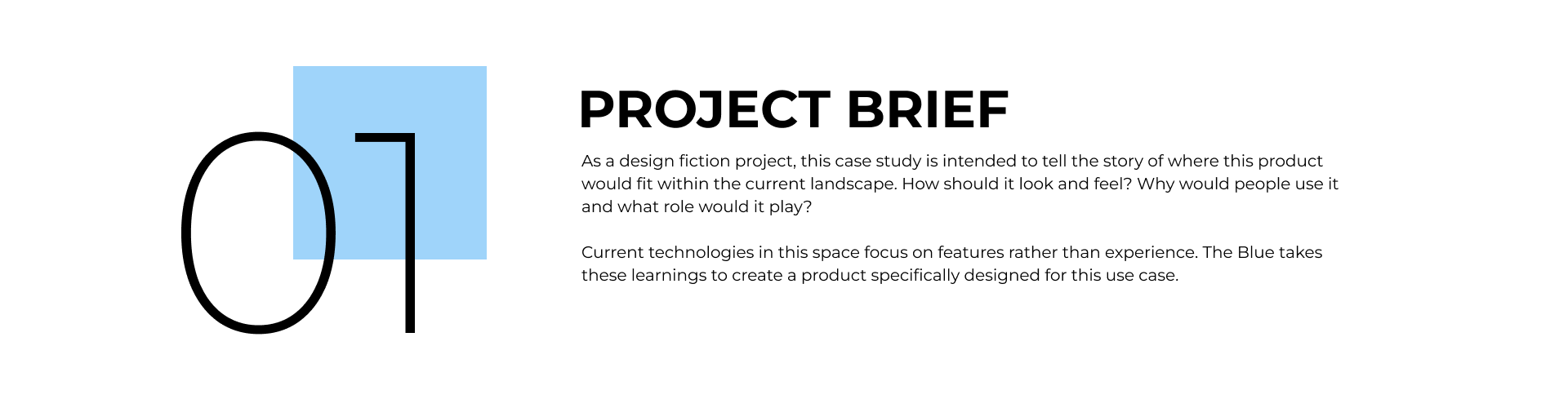 Project Brief slide with a large outlined '01' over a blue square and intro paragraphs.