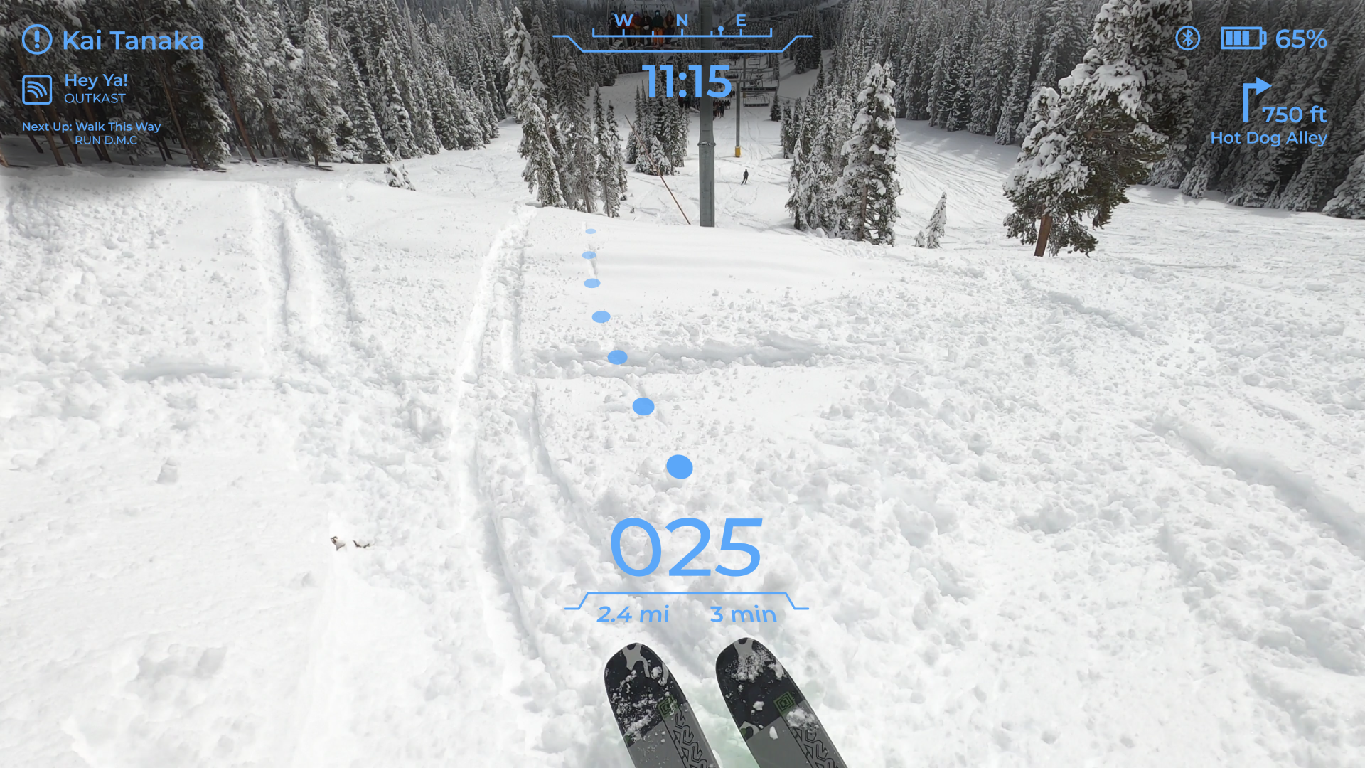 Concept AR ski-goggle view: a snowy slope overlaid with a blue navigation trail and stats.
