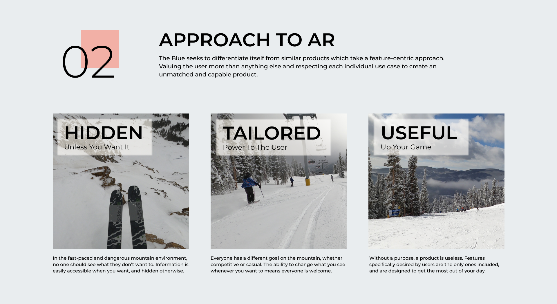 Approach to AR slide with three ski photos labeled Hidden, Tailored, and Useful.