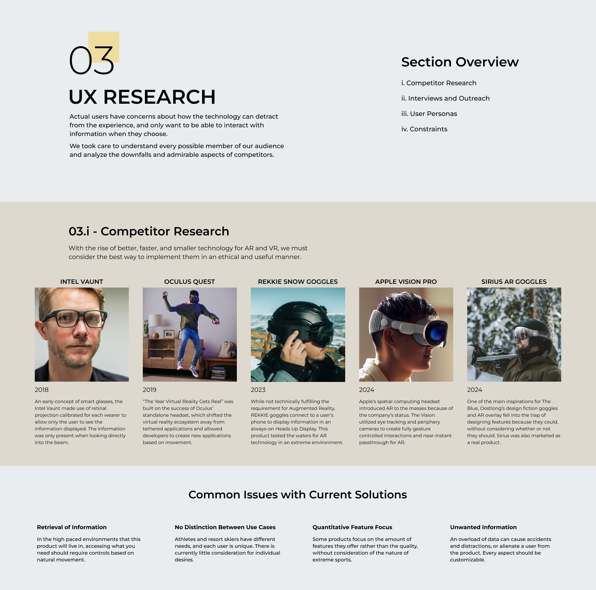 UX Research slide profiling five AR headsets like Intel Vaunt and Apple Vision Pro.