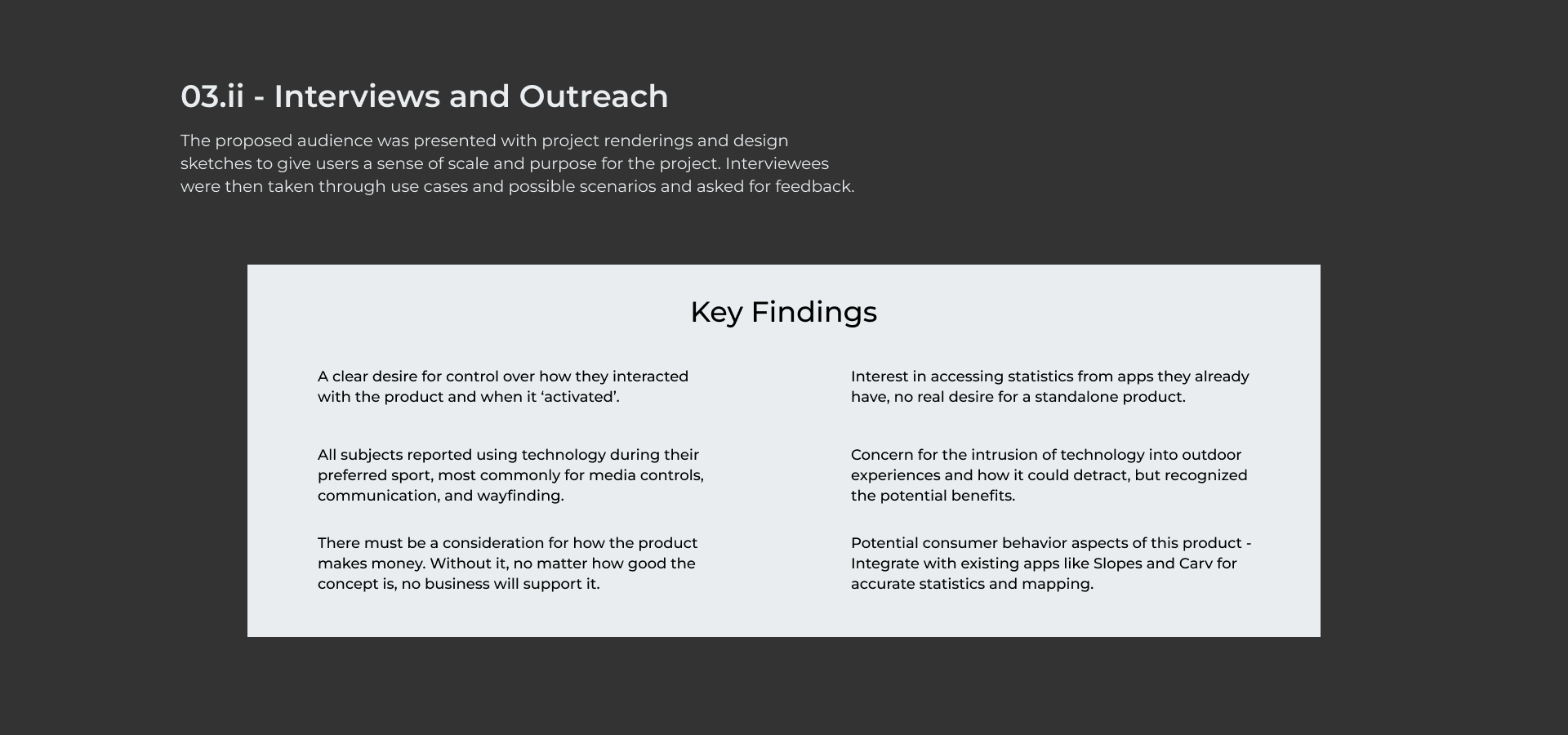 Interviews and Outreach slide listing six key research findings in two columns.