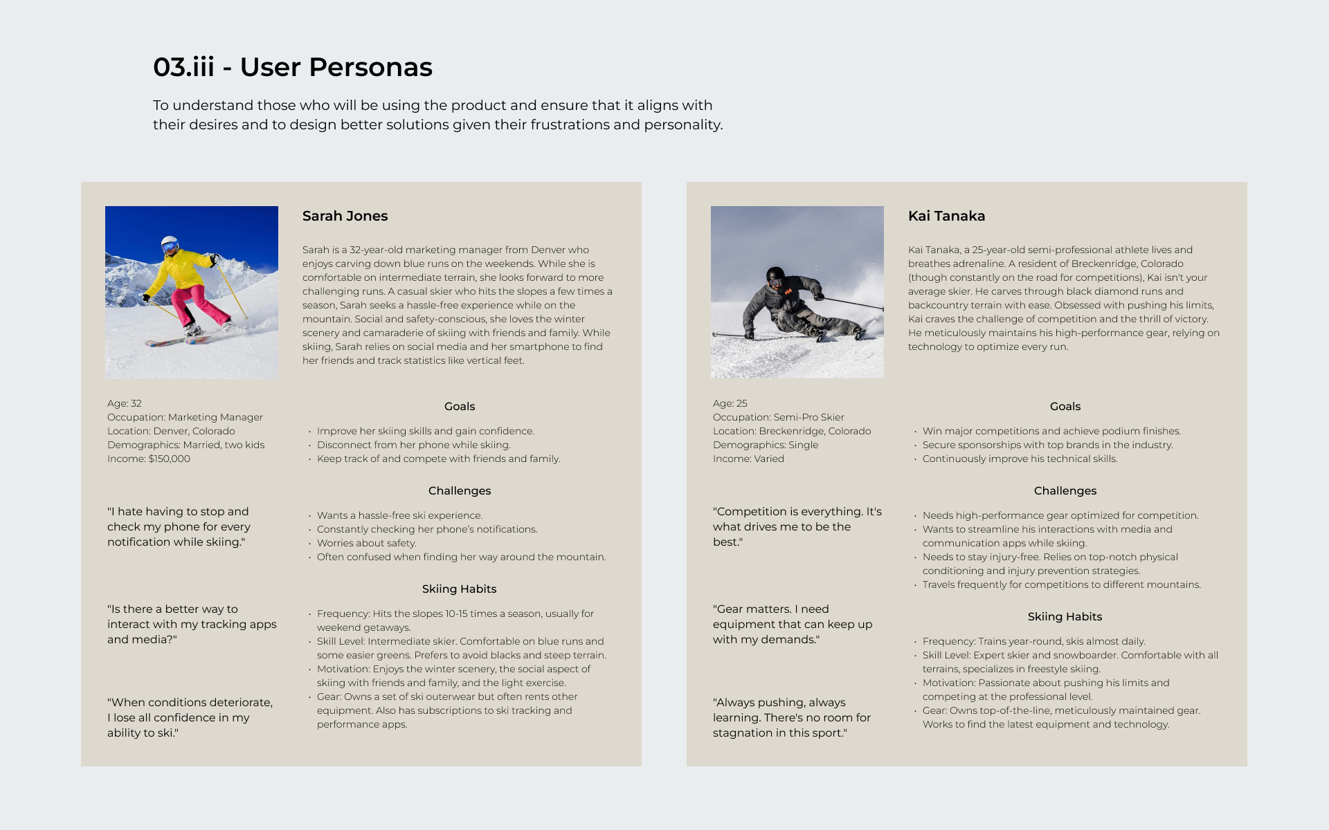 User Personas slide comparing skiers Sarah Jones and Kai Tanaka with goals and habits.