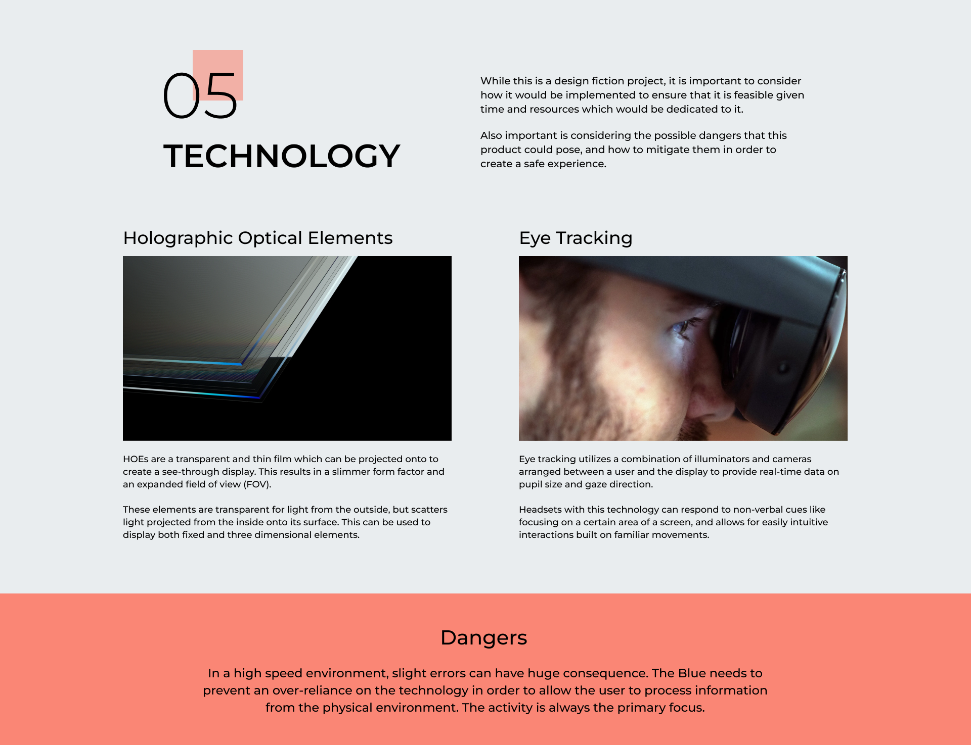 Technology slide explaining holographic optical elements and eye tracking with two photos.