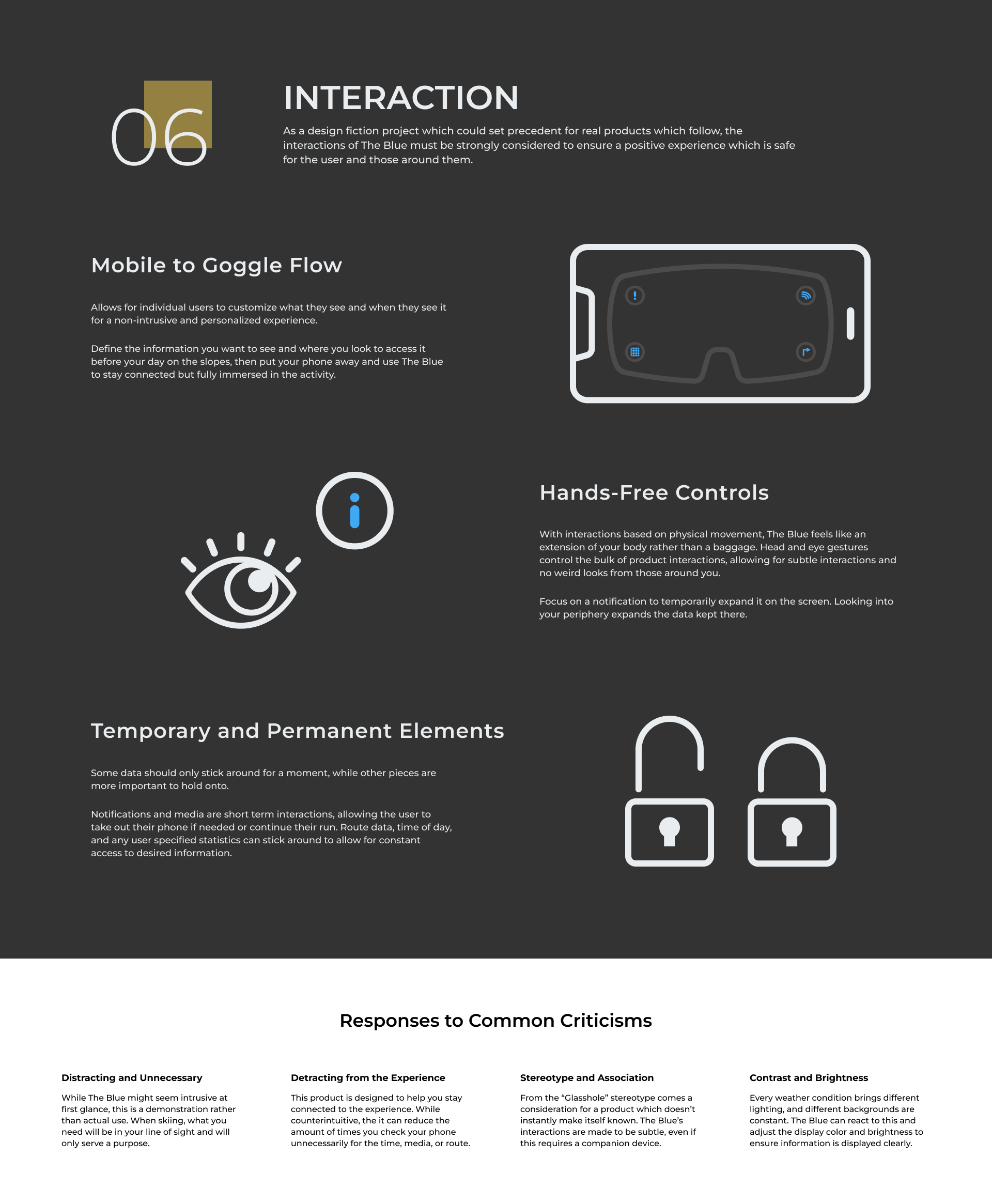 Interaction slide with diagrams for mobile-to-goggle flow, hands-free controls, and data elements.