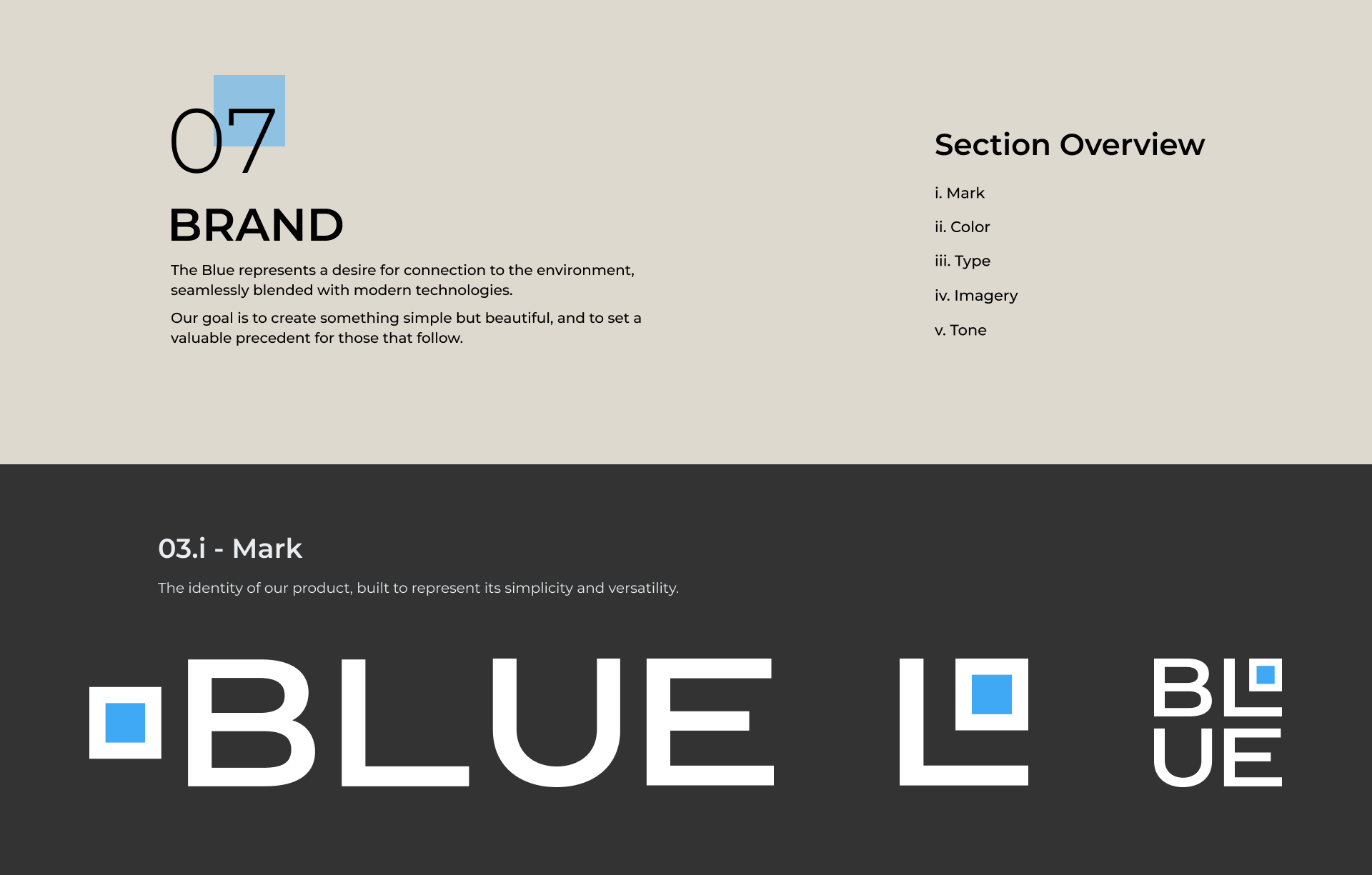 Brand slide presenting three logo lockups for 'BLUE' with a blue-square motif.