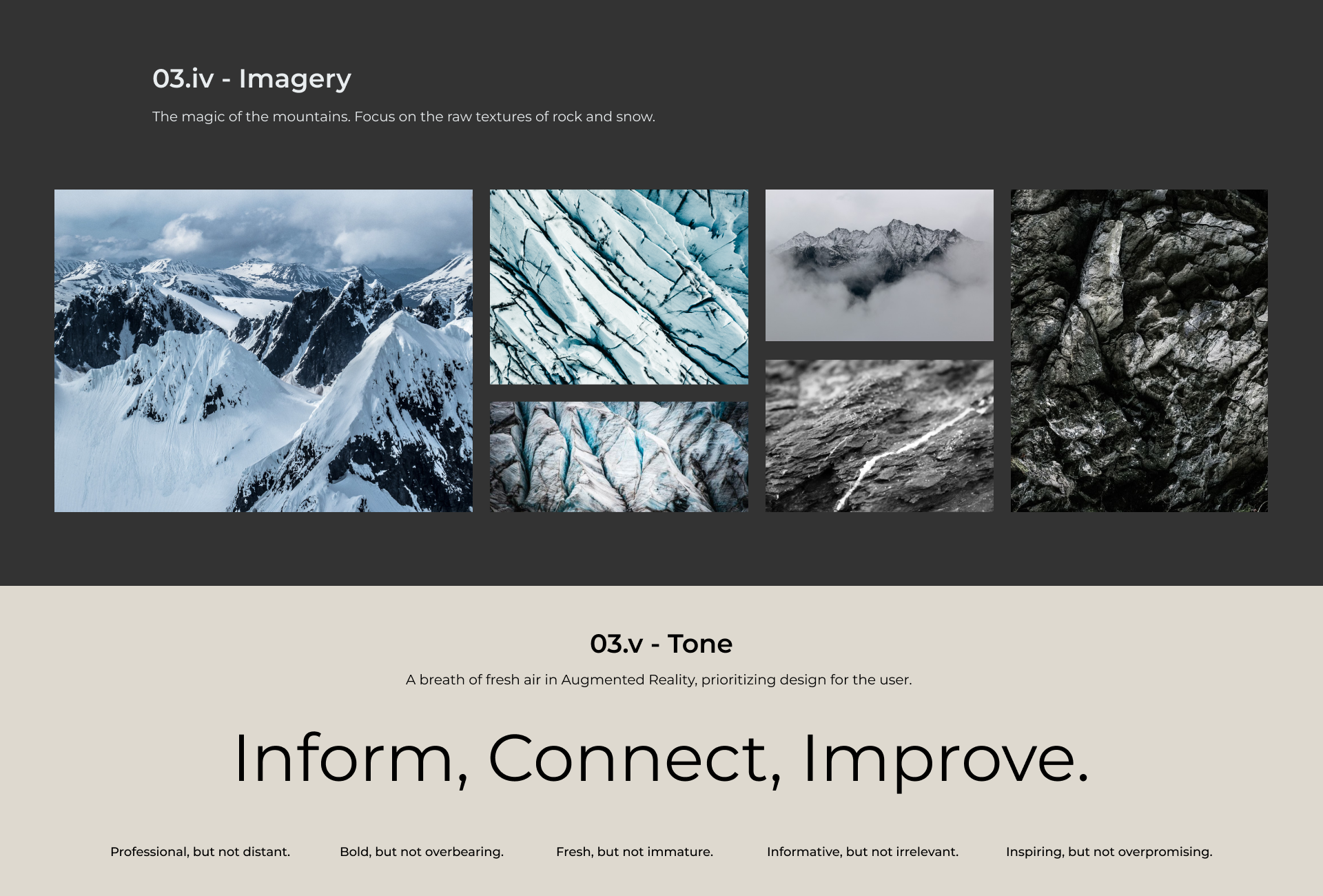 Imagery and tone slide: a grid of mountain, glacier, and rock photos above 'Inform, Connect, Improve.'