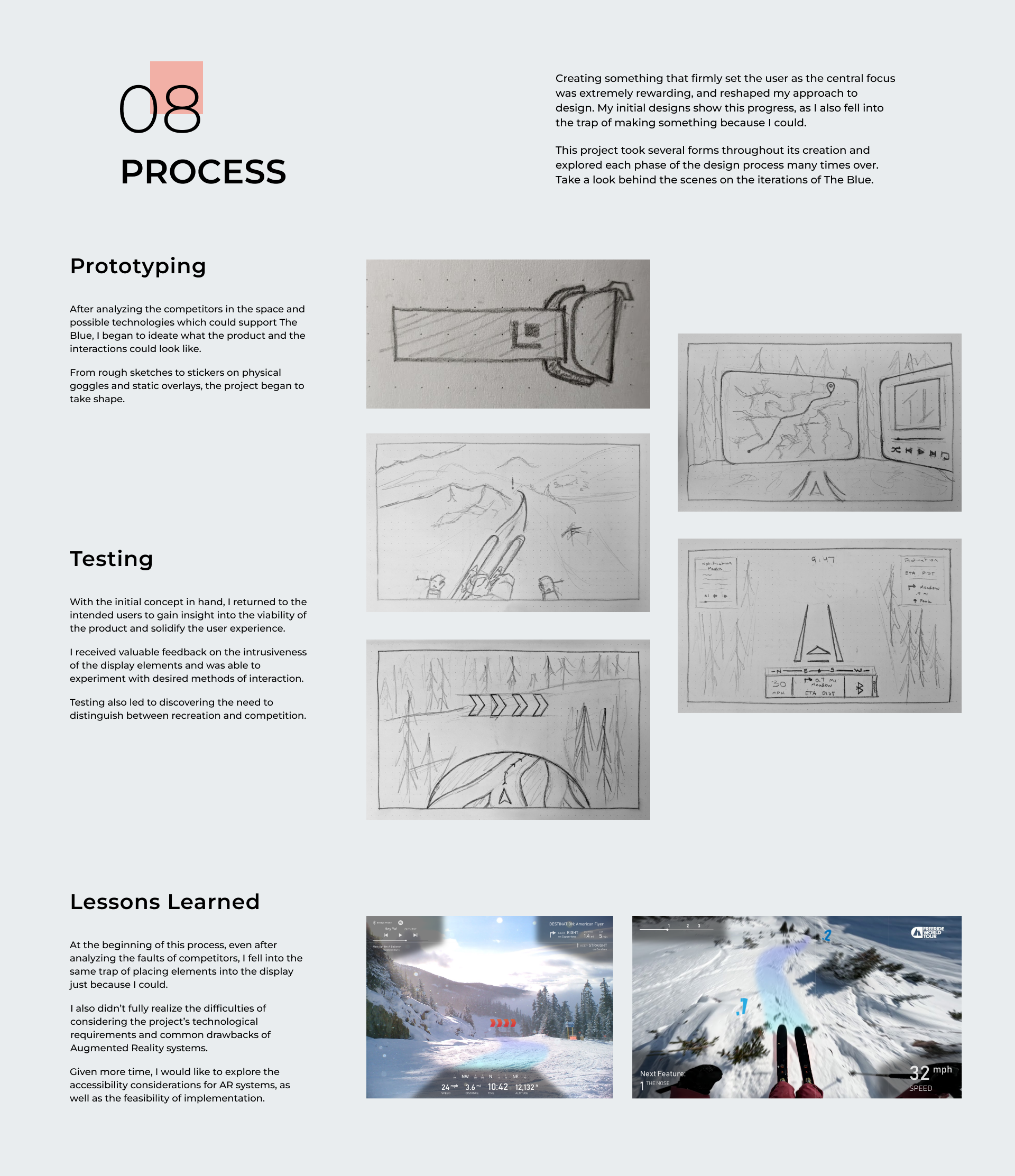 Process slide showing hand-drawn AR interface sketches alongside refined ski-screen renders.