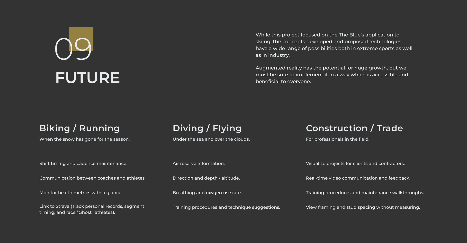 Future slide listing AR applications for biking, diving, flying, and construction trades.