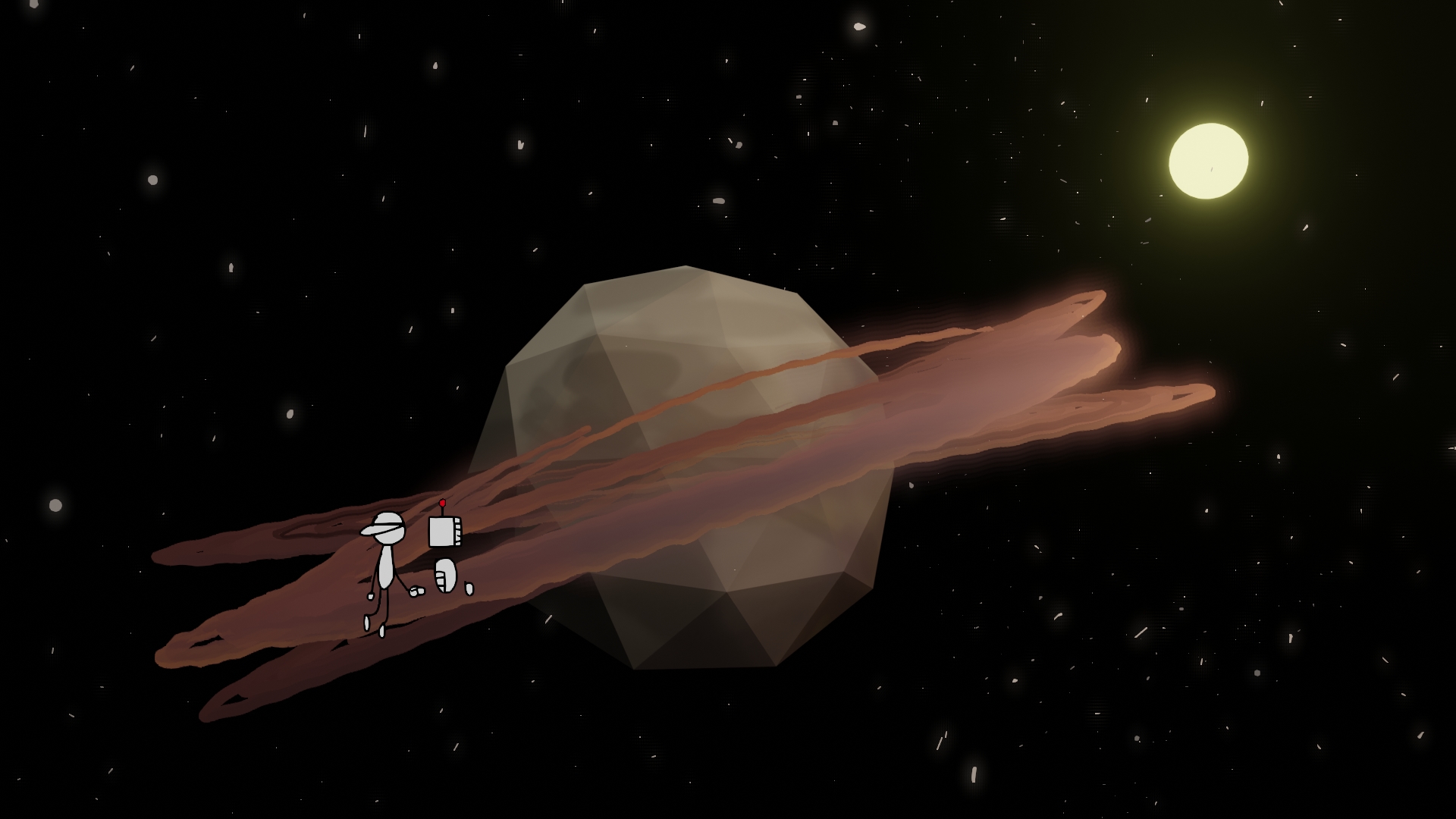 Animated space scene: a small astronaut figure on a rocky asteroid drifting past a glowing sun.