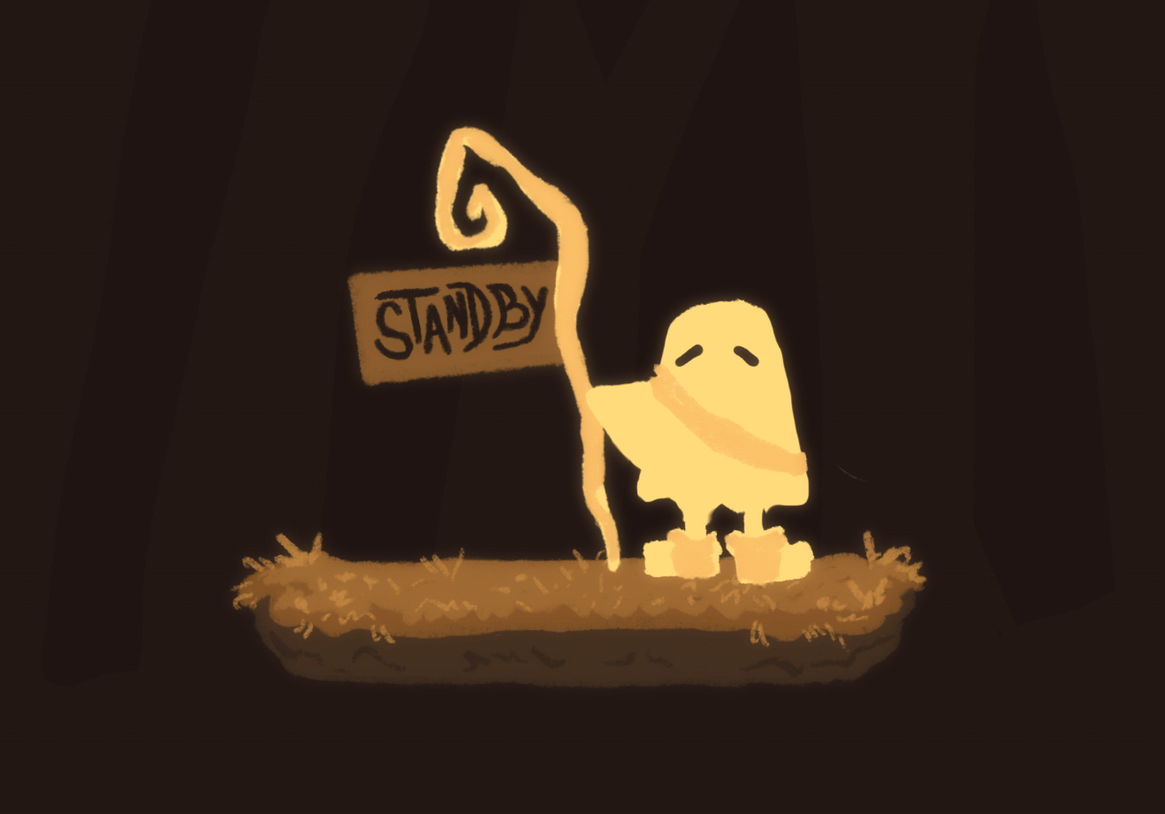 Game art: a glowing ghost-like creature holds a 'Standby' sign over a bed of straw.