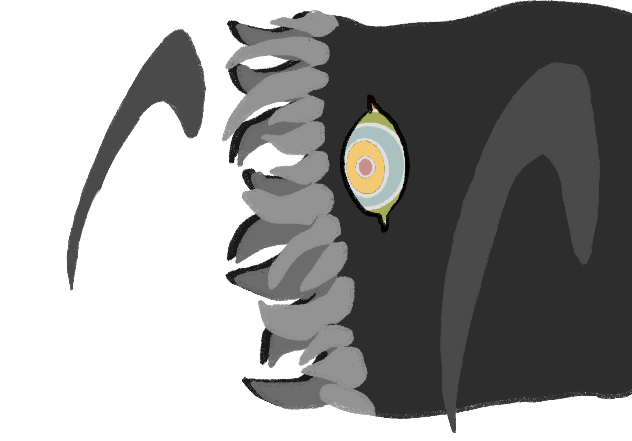Painted close-up of a dark monstrous head with jagged teeth and a single yellow-green eye.