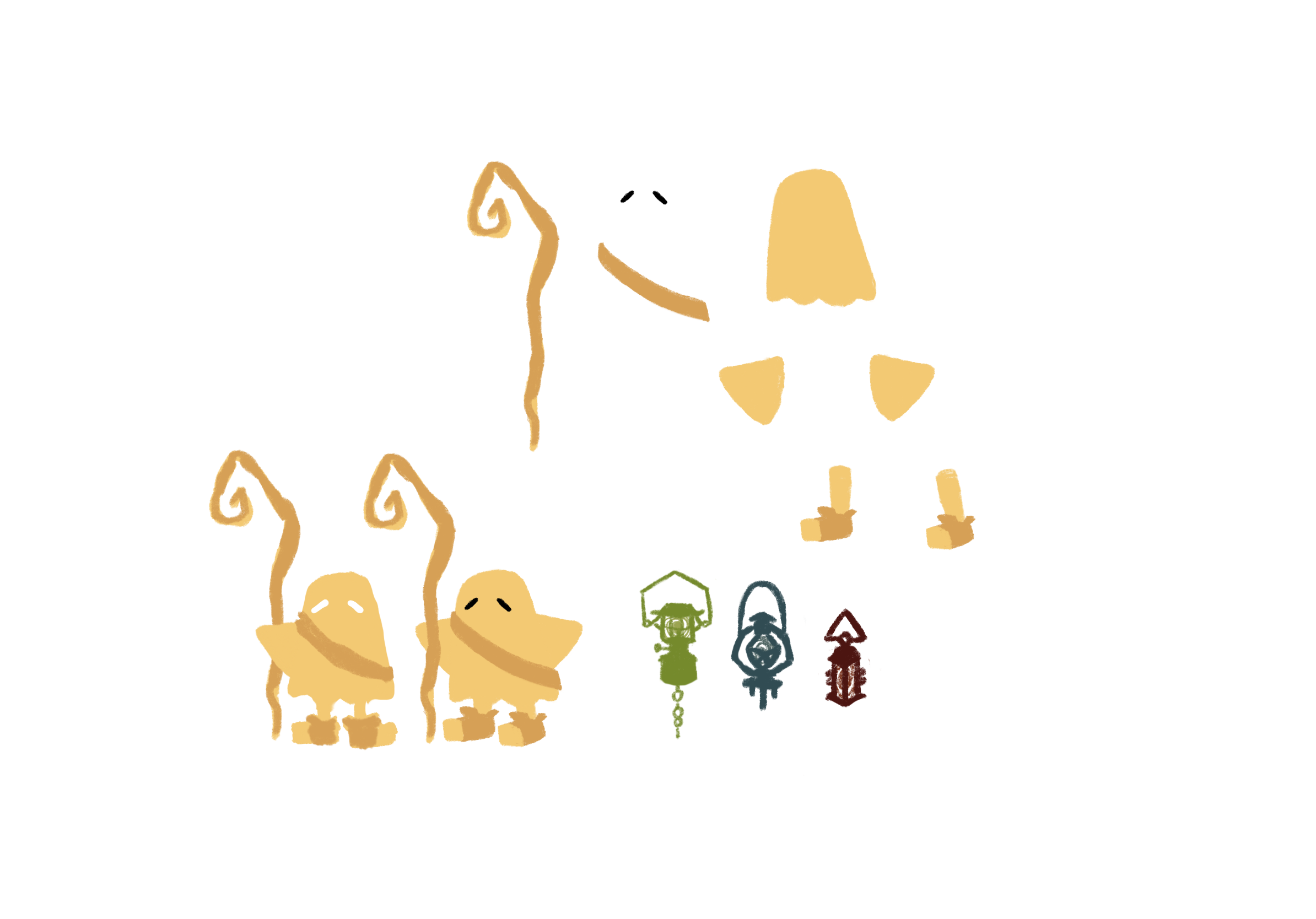Character sprite sheet: two hooded ghost creatures with staffs plus loose body parts and icons.