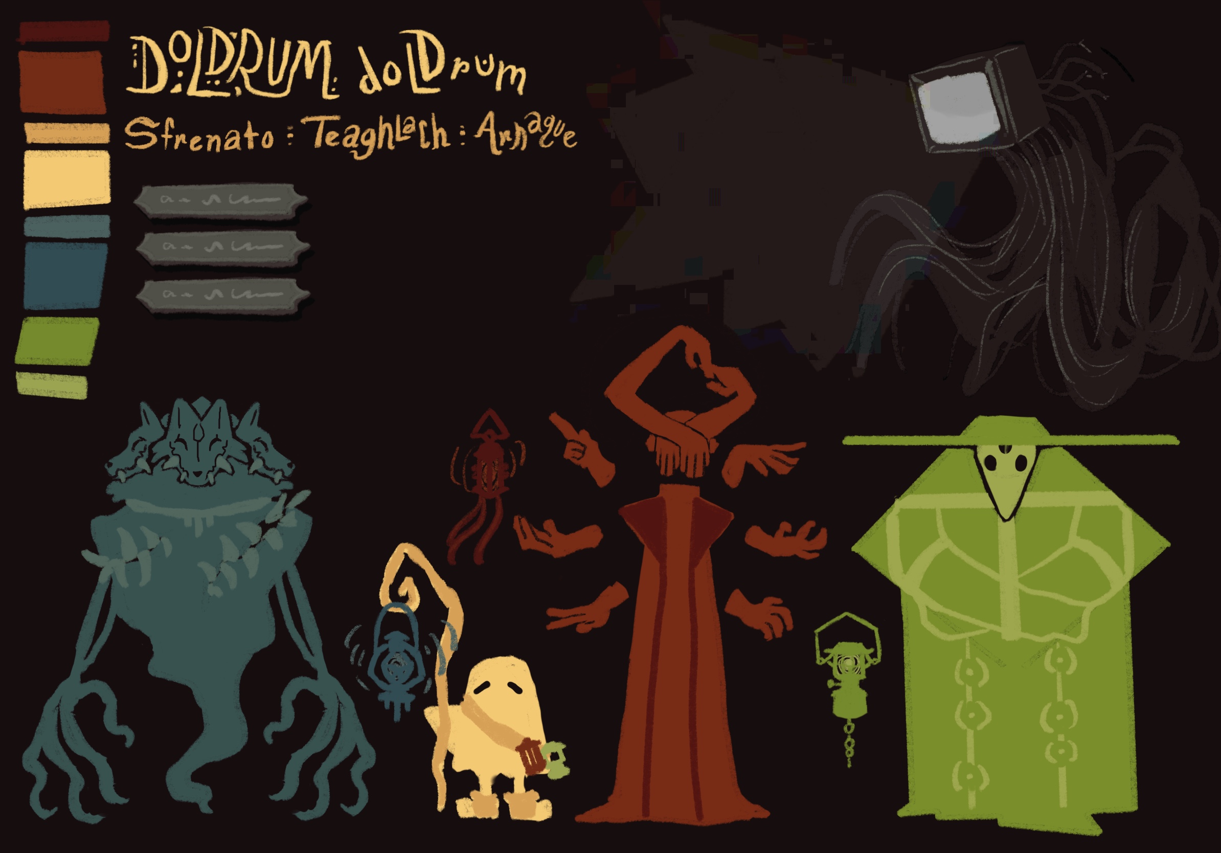 DOLDRUM reference sheet with color palette and four eerie character designs on a dark background.