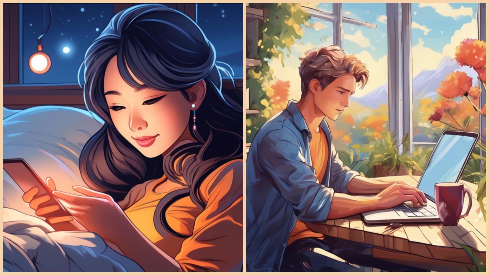 Illustrated diptych: a woman in bed at night on her phone, and a man at a sunny daytime laptop.