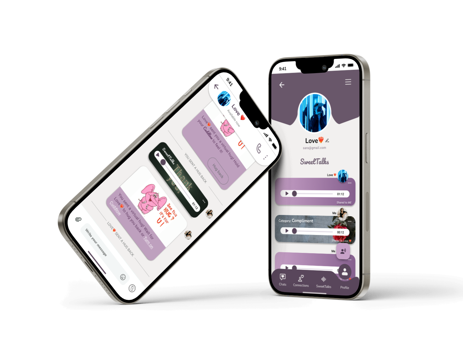 Two phone mockups of the purple Feel Closer app: a virtual-hug chat and a voice-message profile.