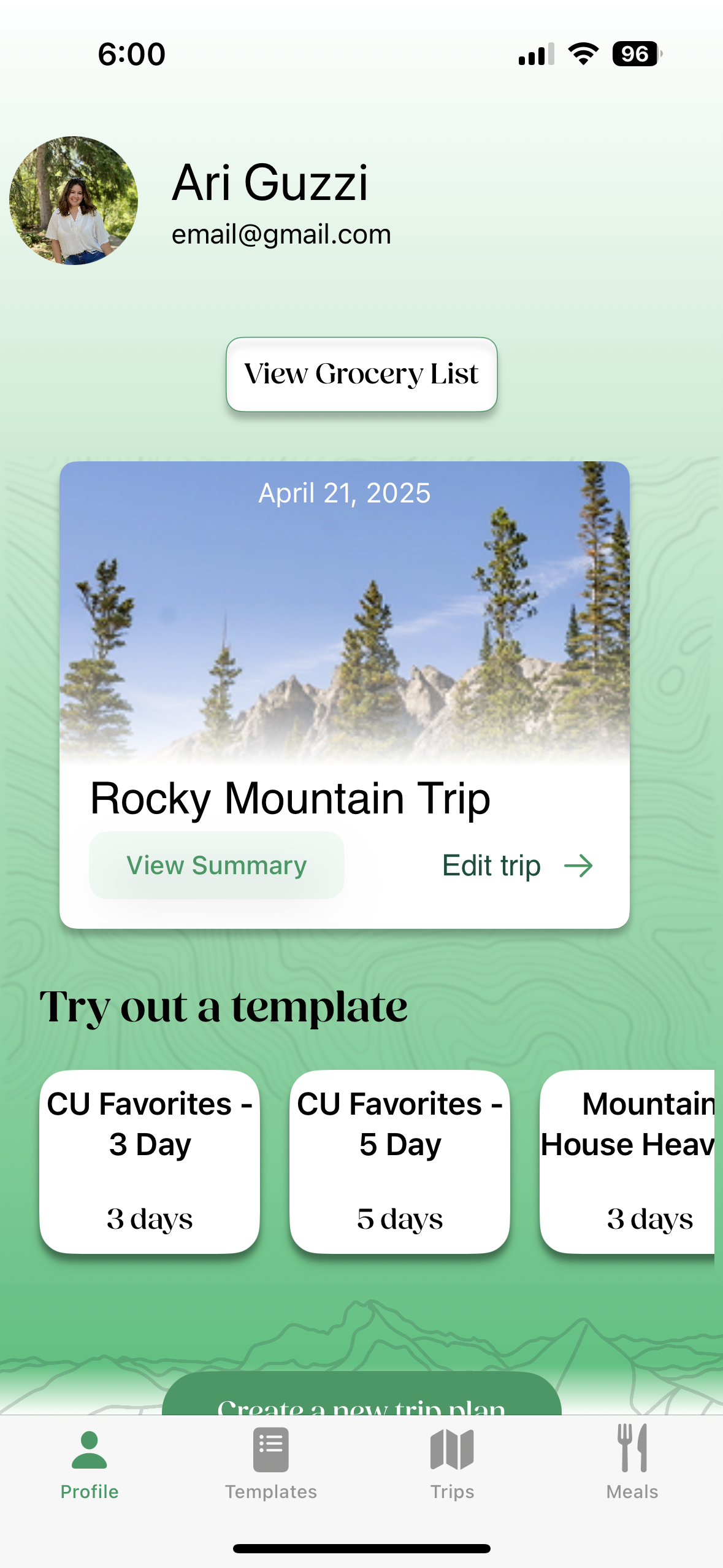 HikeBite profile screen with a user, a Rocky Mountain Trip card, and meal-plan templates.