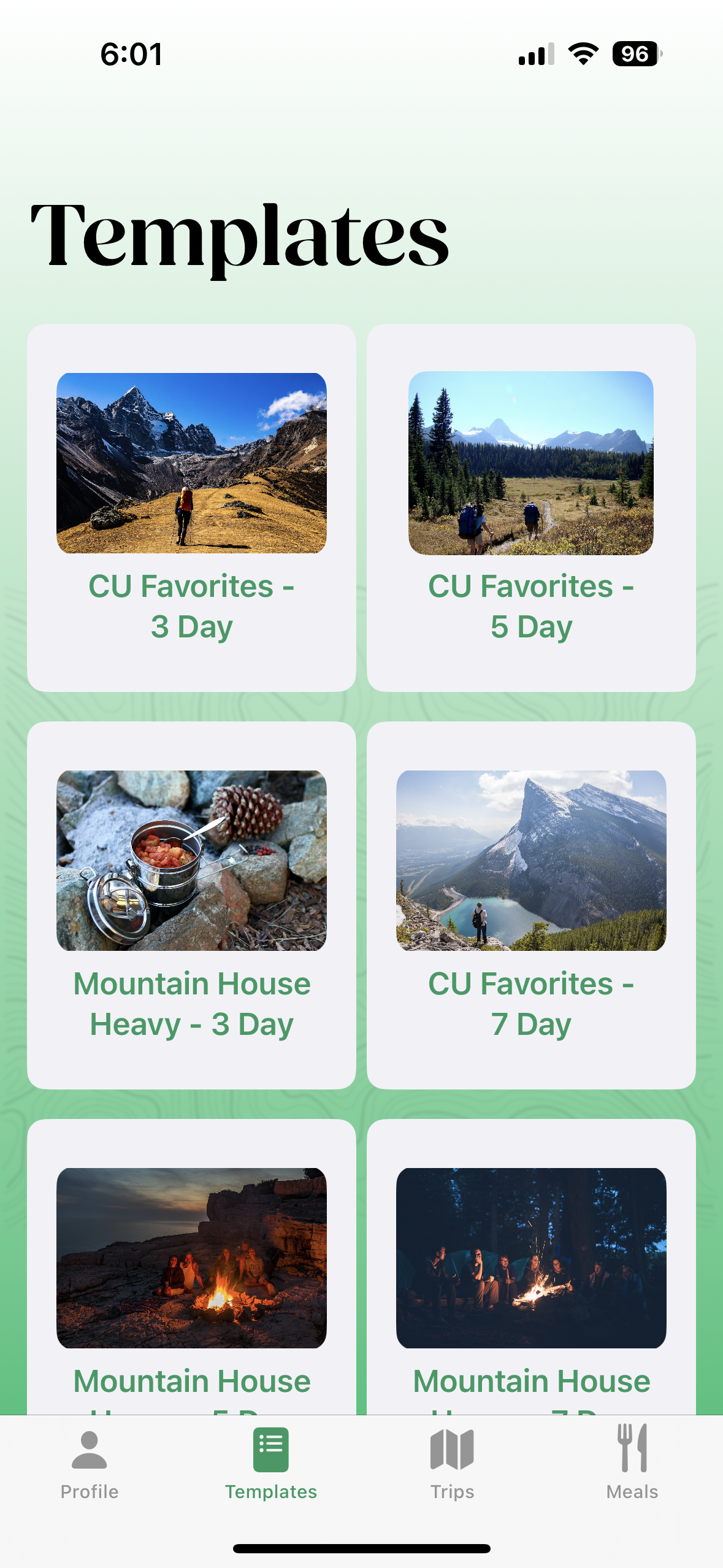 The Templates screen showing a grid of meal-plan template cards with hiking and campfire photos.