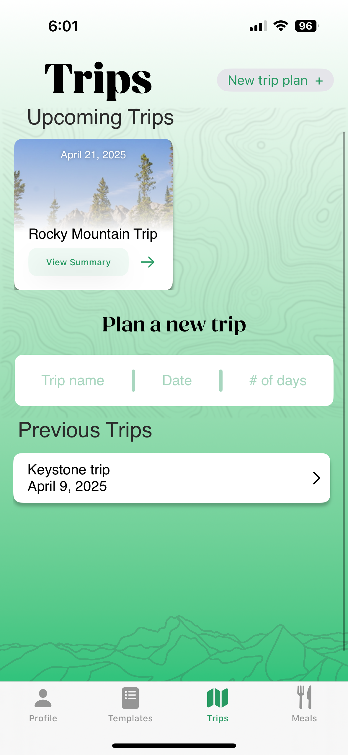 The Trips screen with upcoming and previous trips and a Plan a new trip form.