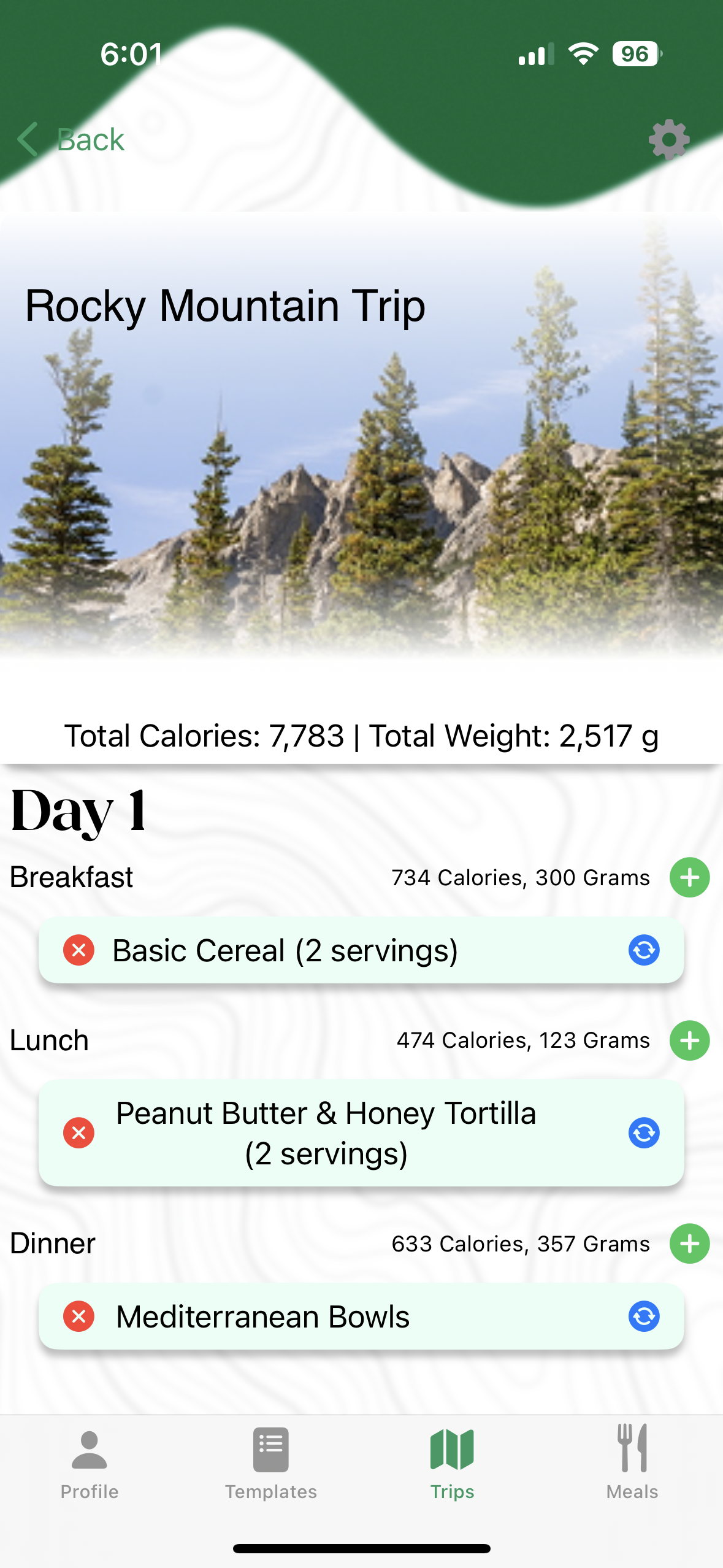 Trip meal plan for the Rocky Mountain Trip showing Day 1 breakfast, lunch, and dinner with calories.