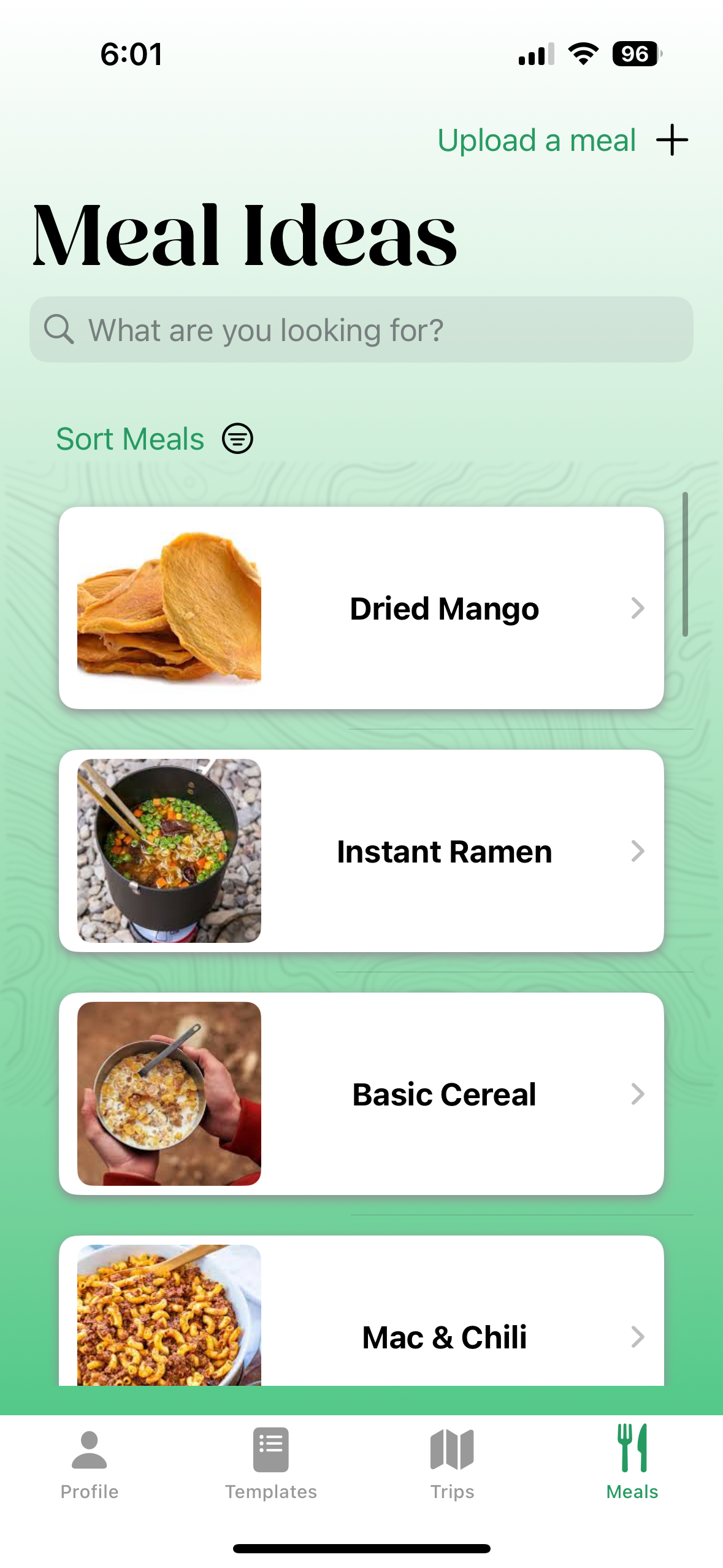 The Meal Ideas screen with a searchable list of meal cards like Dried Mango and Instant Ramen.