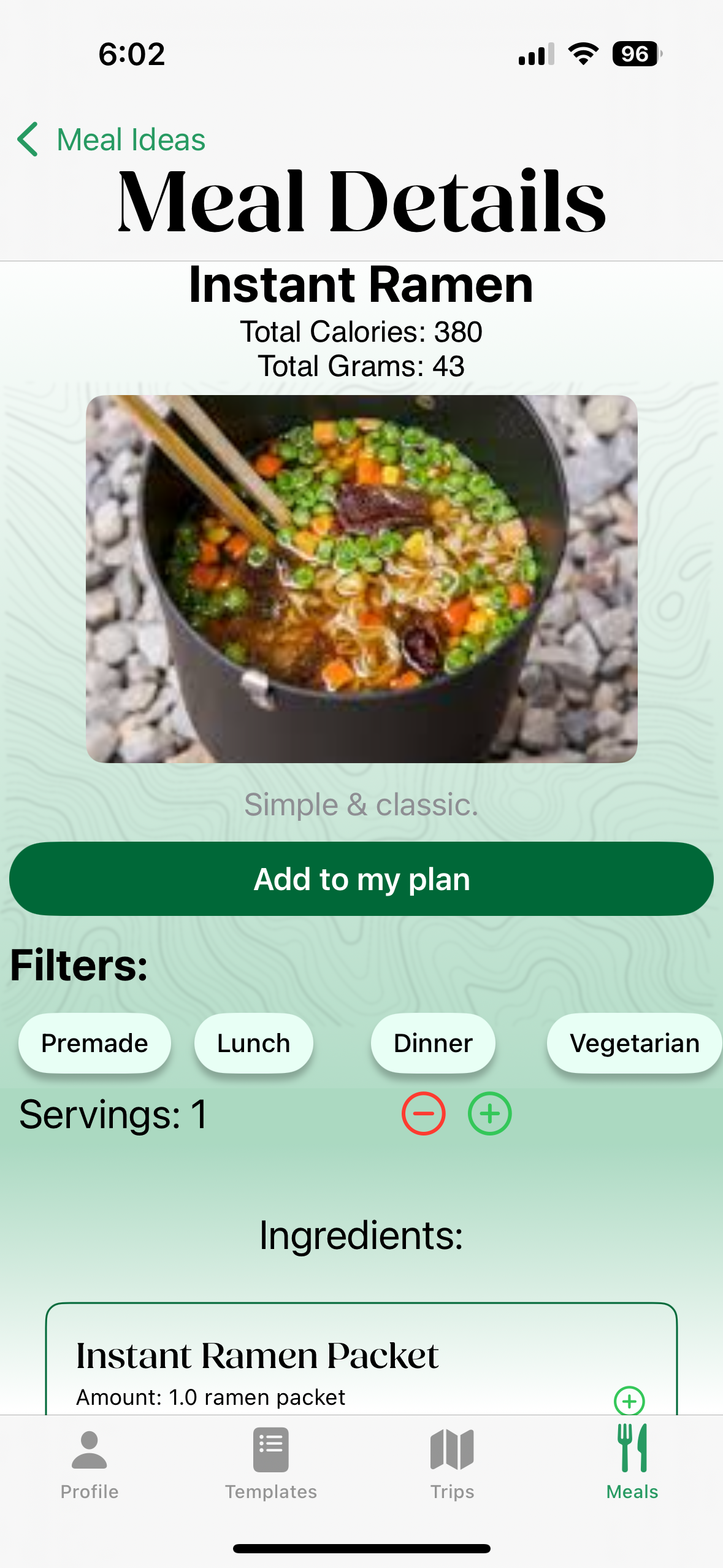 Meal Details for Instant Ramen with calories, a photo of ramen in a pot, filters, and ingredients.