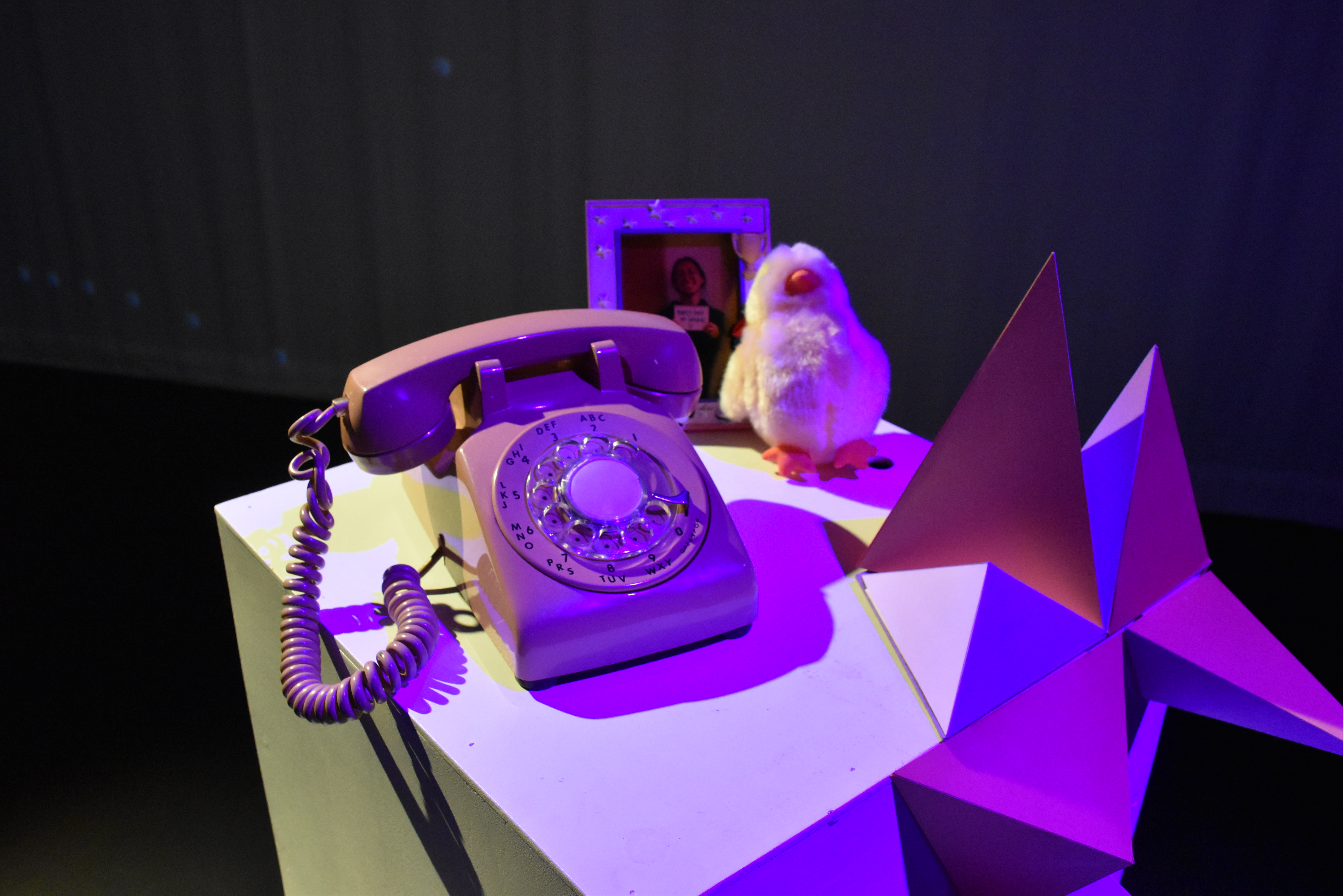 A vintage rotary phone, a framed photo, and a fuzzy chick on a pedestal under purple light.