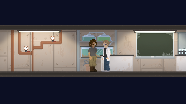 Pixel-art game scene: two characters stand inside a submarine interior lined with pipes and gauges.