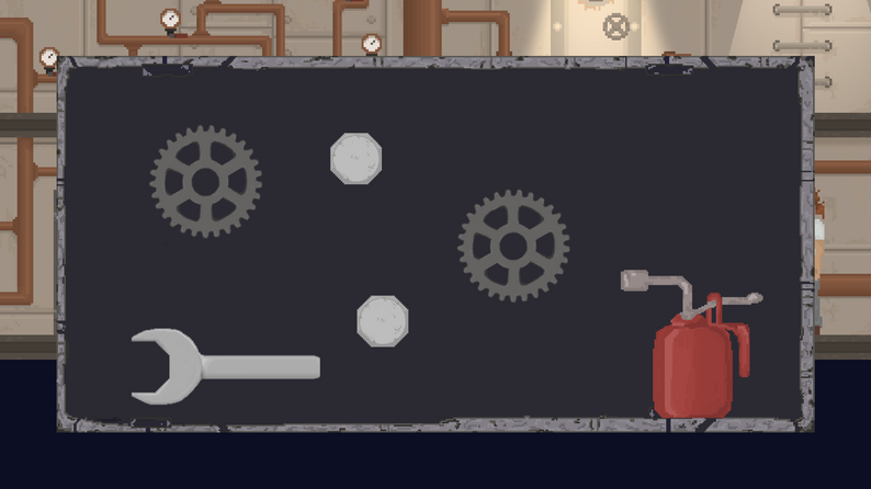 An in-game repair puzzle showing gears, bolts, a wrench, and a red oil can on a dark panel.