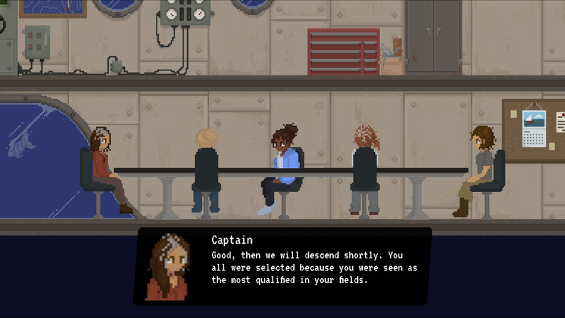 Pixel-art dialogue scene: five characters seated at a counter below a Captain dialogue box.