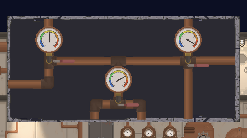 An in-game pipe puzzle with three round pressure gauges connected by copper pipes.