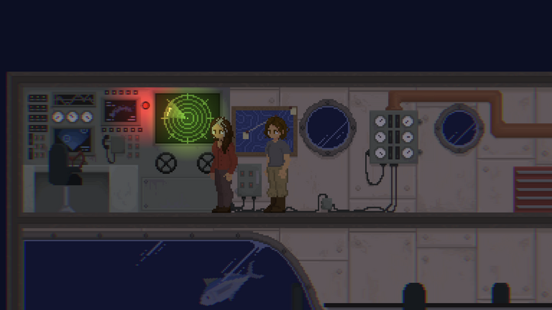Two characters in a submarine control room with a green radar screen; a fish swims outside below.